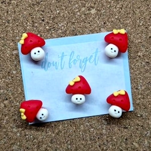 Toadstool Mushroom Push Pins × 5/Funky Push Pins/Red Mushroom Thumb Tacks/Notice Board Puns/Cork Board Push Pins/Pins for Board