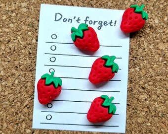 Strawberry Push Pins × 5/Red Cork Board Thumb Tacks/Birthday Gift/Teacher Gift/Fruit Push Pins/Novelty Decorative Push Pins/Fabric Board Pin