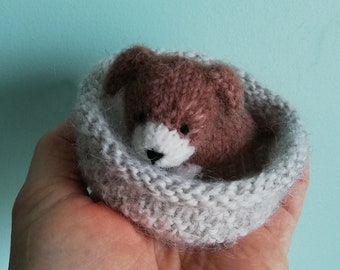 Tiny Knitted Puppy in a Knitted Lair * Palm Size Puppy Toy as the best Pocket Dog Friend * Mini Puppy in a Lair