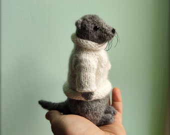 Knitted River Otter Toy in Pullover, Realistic Otter Plush,  Animal Lover Gift