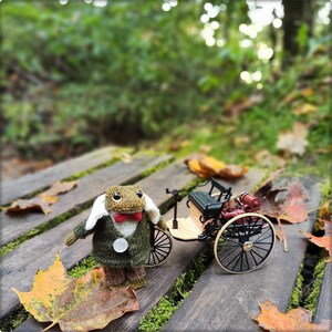 May include: A whimsical scene featuring a knitted frog character in a green jacket, red bow tie, and white collar, standing next to a vintage toy car. The setting is a wooden bridge with autumn leaves, creating a charming, handcrafted theme.