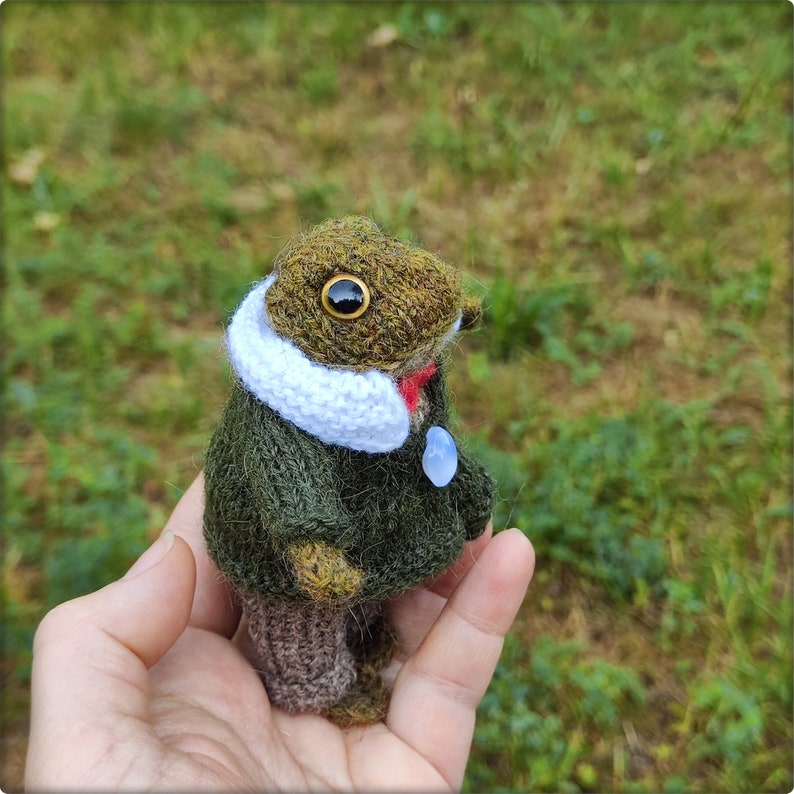May include: A handmade, miniature frog doll wearing a green sweater, white scarf, and a red tie. The frog has large, golden eyes and a blue button. The doll is made of yarn and has brown pants.