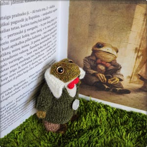 May include: A handmade, knitted frog figurine wearing a green coat, white collar, and red bow tie. The frog has large, round eyes and is positioned on a bed of green moss, next to an open book with text and an illustration of a frog.
