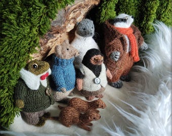 Wind in the Willows Character Toys Set:  Hand knitted Mr. Toad, Mr. Badger, Ratty, Moley, Otter and Weasels
