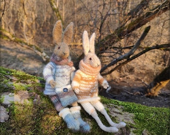 Hand Knitted Bunny Doll - Wool Stuffed Interior Rabbit Toy with Clothes