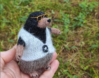 Knitted Mole Plush Toy, Dressed Moley from Wind in the Willows stories, Nature Lover Gift