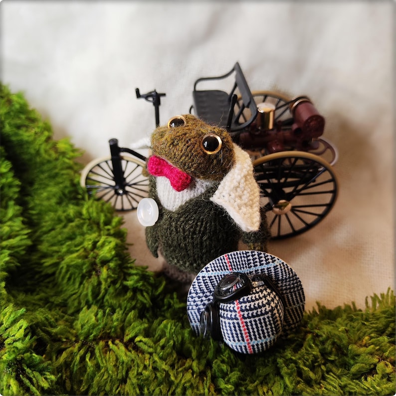May include: A handcrafted frog figurine wearing a suit, bow tie, and a hat with goggles. The frog is positioned in front of a miniature bicycle and a vintage car model, set against a backdrop of green moss.
