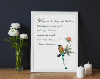 EMILY DICKINSON Inspirational Hope Poem Print "Hope is the thing with feathers" Framed Mothers Day