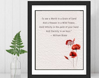 WILLIAM BLAKE Framed  Quote -To See a World in a Grain of Sand - Wall Art and flower-Auguries of Innocence- Watercolor Print-Hold Infinity