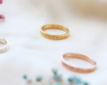 Personalized Coordinate Ring - Custom Engraved Location Jewelry - Gold, Silver, Rose Gold