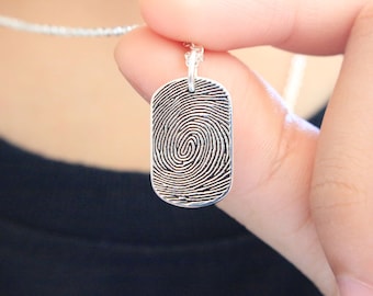 Personalized Fingerprint Necklace: Sterling Silver Handprint Dog Tag - Actual fingerprint, hand print or paw print