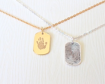 Personalized Fingerprint Necklace: Sterling Silver Handprint Dog Tag, Custom Military Dog Tag Necklace