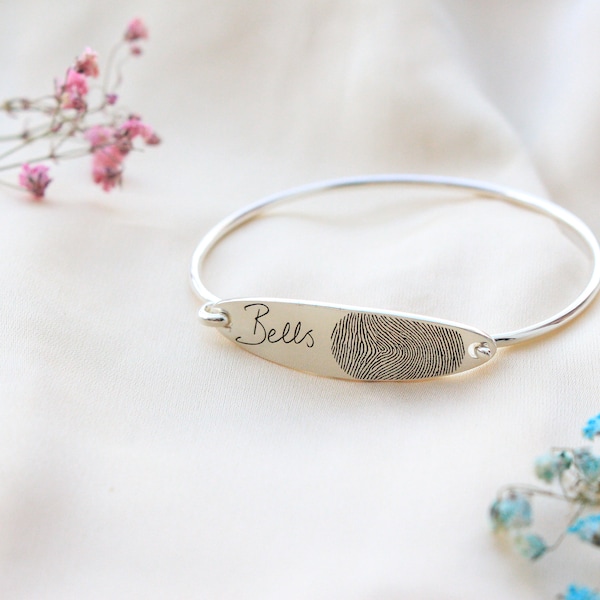 Oval Sterling Silver Bangle  - Personalized Fingerprint Bangle - Actual Handwriting Bangle - Loved Ones Fingerprint - Coordinates Bangle