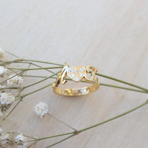 Duo de bagues initiales avec anneau personnalisé - Bague coeur diamant - Bague deux initiales - Bague famille personnalisée - Bague en argent sterling