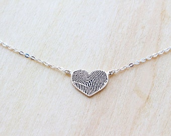 Sterling Silver Heart Shaped Necklace - Actual Fingerprint Necklace - Personalized Handwriting Necklace - Christmas Gift - Mother's Day Gift