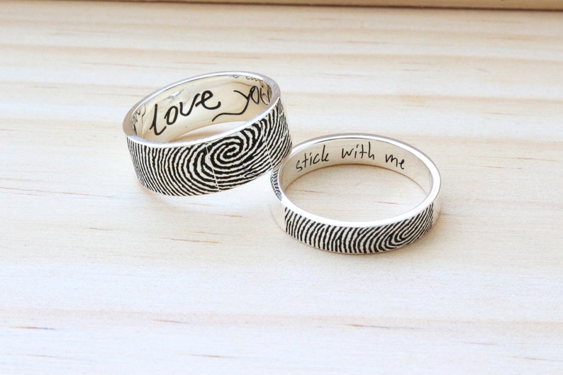 a set of 2 personalized fully handcrafted fingerprint rings based on your actual fingerprint and handwriting is the best gift for long distance couples