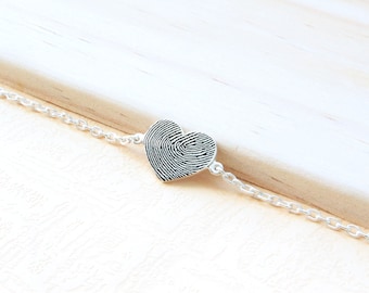 Sterling Silver Heart Shaped Fingerprint Bracelet - Personalized Handwriting Bracelet - Mother's Day Gift - Actual Fingerprint Necklace