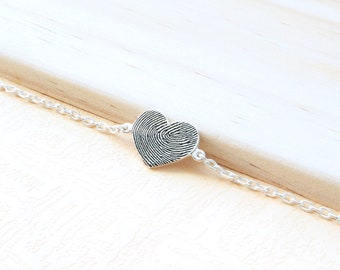 Sterling Silver Heart Shaped Fingerprint Bracelet - Personalized Handwriting Bracelet - Mother&#39;s Day Gift - Actual Fingerprint Necklace