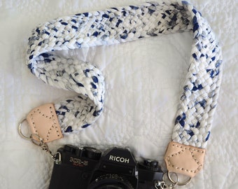 Camera Strap with Braided Fabric Yarn in Inky Blue & White Pattern + Leather Ends, Modern Comfortable Woven Jersey Strap dslr