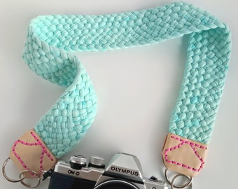 Camera Strap with Braided Fabric Yarn in Mint Aqua Seaglass + Natural Leather Ends, Modern Comfortable Woven Jersey Strap dslr