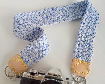 Camera Strap with Braided Fabric Yarn in Cornflower Blue Floral Pattern + Natural Leather Ends, Modern Comfortable Woven Jersey Strap dslr