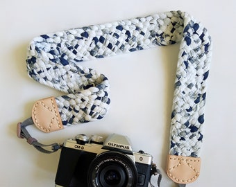 Camera Strap with Braided Fabric Yarn in Inky Blue & White Pattern + Natural Leather Ends, Modern Comfortable Woven Jersey Strap dslr