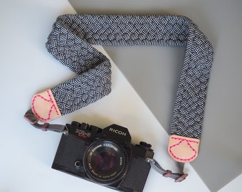 Camera Strap with Braided Fabric Yarn in Black & White Stripe + Natural Leather Ends, Modern Comfortable Woven Jersey Strap for dslr