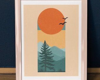 Pacific Northwest Wonderland Art Print, Scenic Landscape Wall Decor, Nature Lover Gift, Forest & Mountain Illustration