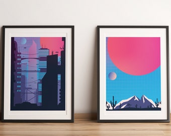 Cyberpunk Cityscape Minimalist Wall Art, Modern Video Game Decor, Vaporwave Illustration Posters, Futuristic Wall Decor