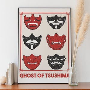 Minimal Ghost of Tsushima Samurai Masks Wall Art Illustration Print
