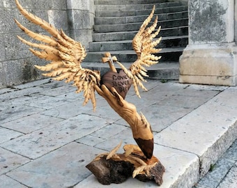 Free heart, Heart with wings, God's Glory, Wooden sculpture, Wooden cross, Wooden hand.