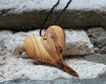 Wooden heart necklace, Olive wood heart pendant, Wooden jewellery, Wooden heart, Olive wood.