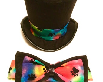 LGBT Wedding Dog Outfit Top Hat Set, Hippy, Bow Tie, Ring Bearer, Pride, Black, Colorful, Tye-dye, Bridal Party, Groomsmen, Rainbow