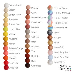 May include: A chart of silicone beads in various colors and patterns, including tie-dye, rainbow swirl, and solid colors. The beads are labeled with their names, such as "Coconut Milk", "Peachy", "Tie-dye Sunset", and "Chocolate".