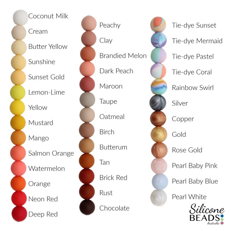 May include: A chart of silicone beads in various colors and patterns, including tie-dye, rainbow swirl, and solid colors. The beads are labeled with their names, such as "Coconut Milk", "Peachy", "Tie-dye Sunset", and "Chocolate".