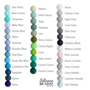 May include: A chart of silicone beads in various colors and patterns. The beads are arranged in columns with the color names listed next to each bead. The colors include blue, green, grey, and white. The patterns include granite, marble, and solid colors.