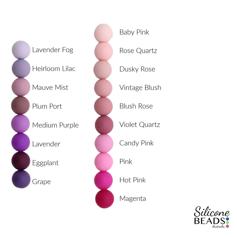 May include: A color chart of silicone beads in shades of purple, pink, and lavender. The beads are arranged in two columns, with the names of each color listed next to the corresponding bead. The colors include Lavender Fog, Heirloom Lilac, Mauve Mist, Plum Port, Medium Purple, Lavender, Eggplant, Grape, Baby Pink, Rose Quartz, Dusky Rose, Vintage Blush, Blush Rose, Violet Quartz, Candy Pink, Pink, Hot Pink, and Magenta.