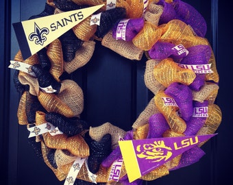 Custom Made House Divided Wreath: New Orleans Saints / Lousiana State University (LSU)