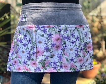 Garden Apron, Garden Apron with Pockets, Gardening Gift, French Farmhouse Apron, Floral Apron, Gardening Apron for Women, Waist Apron, Gray