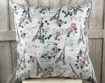 French Farmhouse Pillow: Vintage Paris Pink Roses Decor