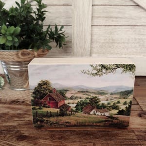 Farmhouse Pasture Scene Shelf Block: Rustic Cottage Decor