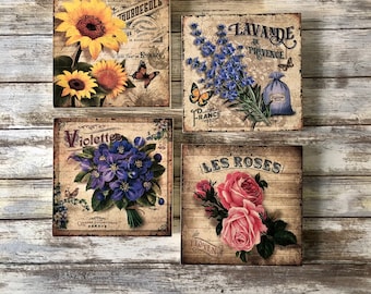 Vintage French Flower Wall Art: Farmhouse Decor, Set of Four