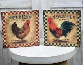 French Chicken Wall Art: Vintage Style Farmhouse Decor, Set of Two