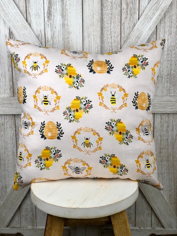 French Bee Pillow: Farmhouse Country Decor, Blush Pink Cotton
