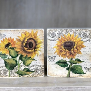 Sunflower Blocks, French sunflowers, vintage sunflowers, shelf sitter, tiered tray decor, sunflower decor, sunflower decor, french farmhouse