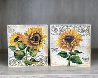 Sunflower Decor Blocks: French Farmhouse Shelf Decor, Set of Two