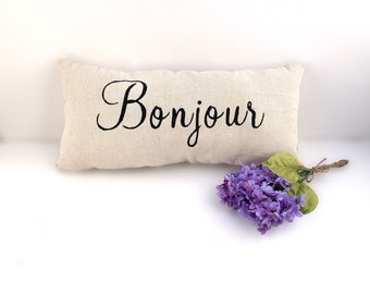 Bonjour Pillow: Hand-Painted French Country Farmhouse Decor