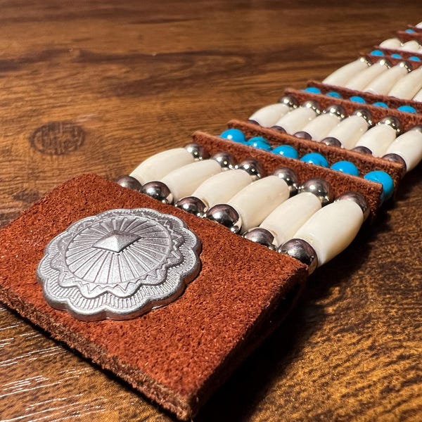 Authentic Handmade 6 Row Turquoise Bone Hairpipe Bead Bracelet Native American Cherokee