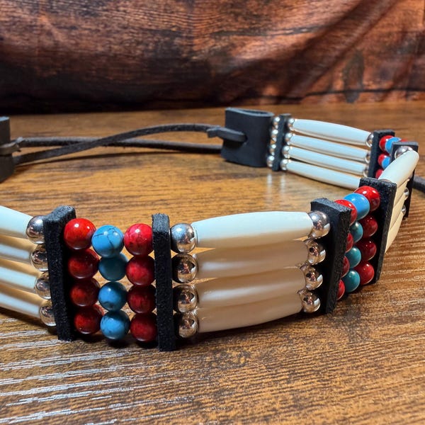 Handmade 4-Row Bone Choker with Turquoise and Red Riverstone Beads Native American