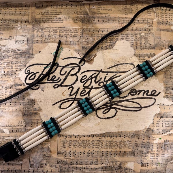 Native American Handmade Turquoise & Bone hairpipe Beads 4 Row Choker Cherokee Shawnee Indian